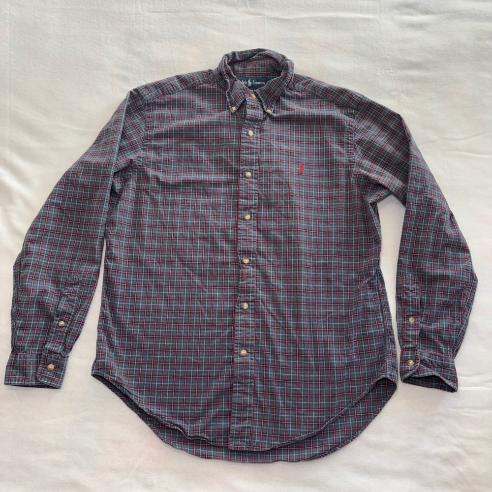 Ralph Lauren Mens L Classic Fit Plaid Button Down Shirt Gray Red Green cotton
